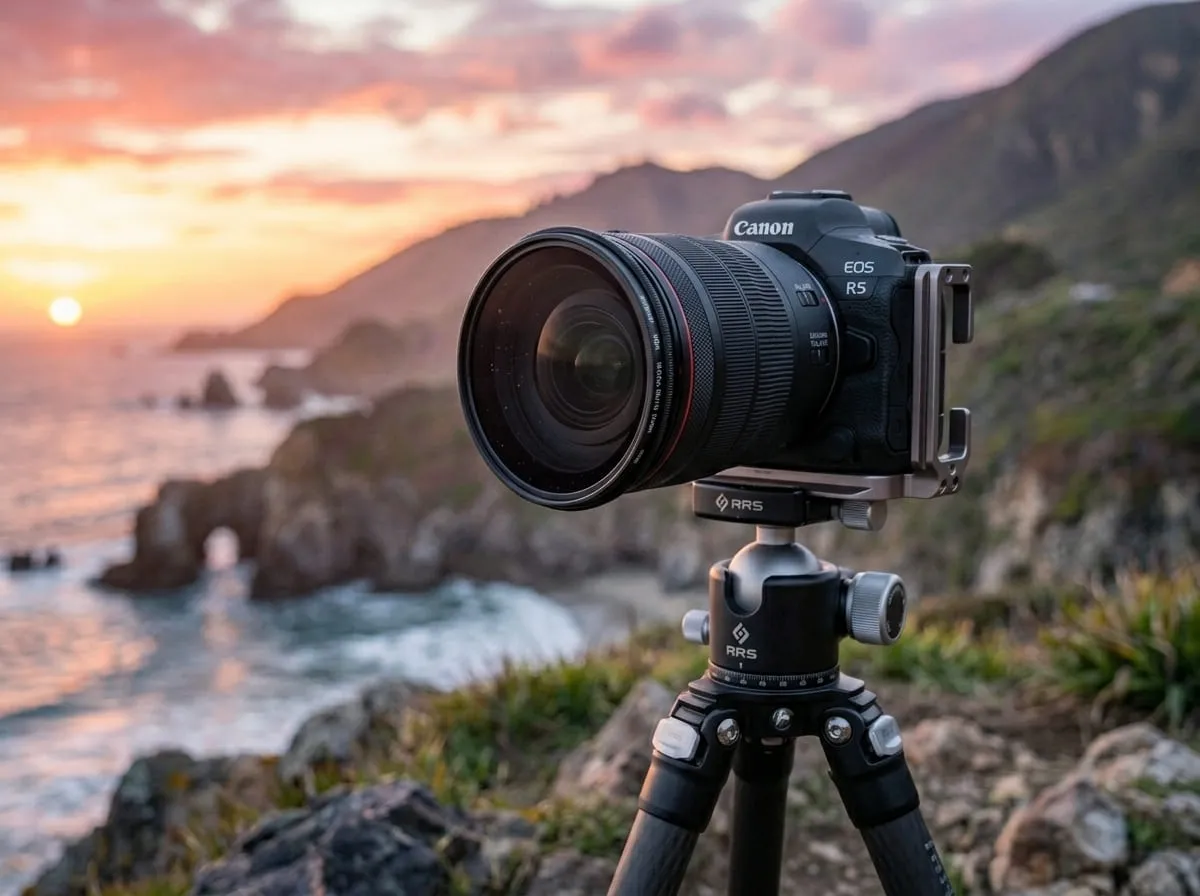 camara en un tripode con fondo de paisaje