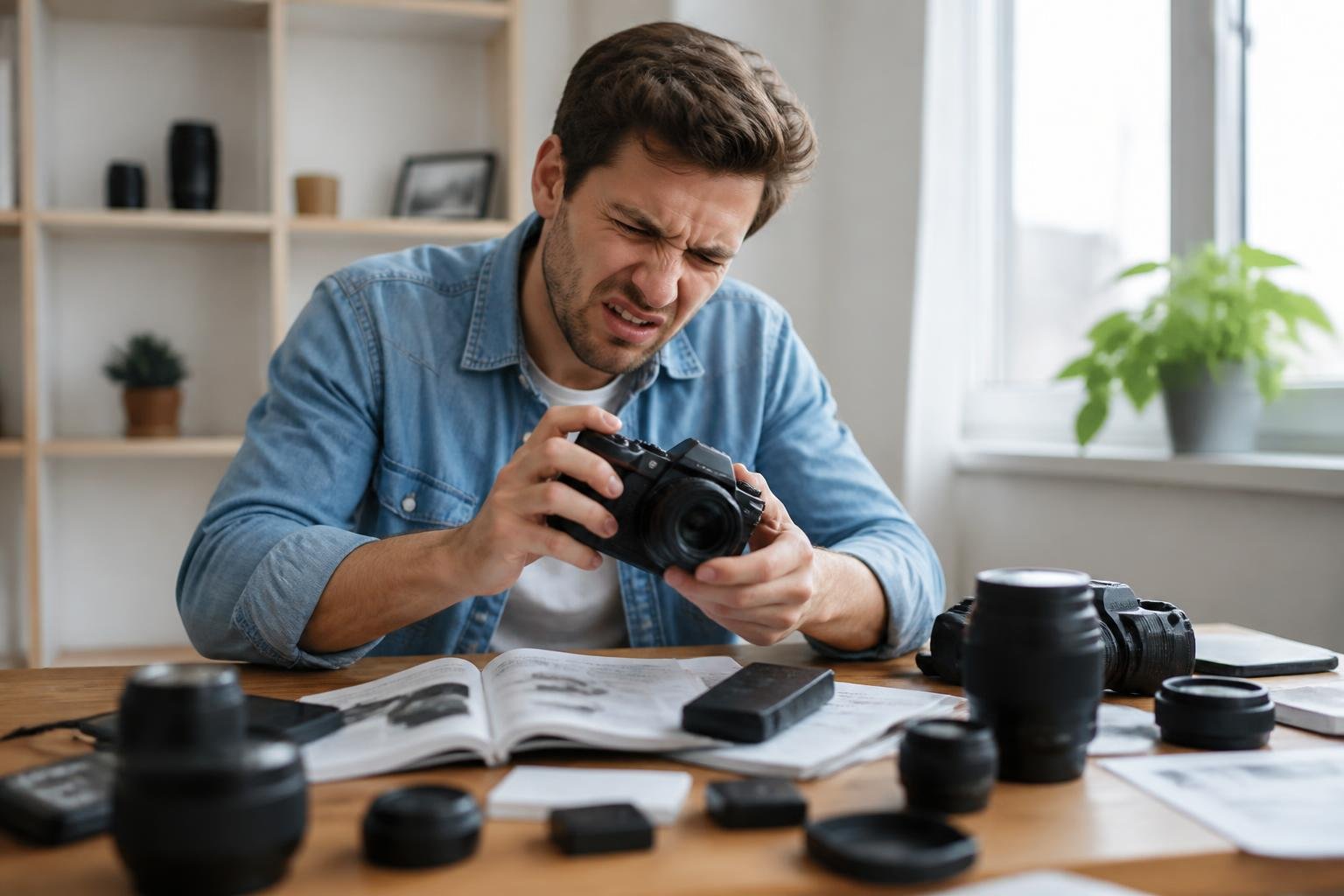 Errores comunes al comprar tu primera cámara: Guía para principiantes en fotografía 2 hombre disgustado con camara en mano