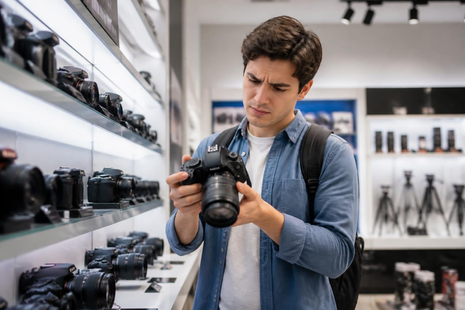 Errores comunes al comprar tu primera cámara: Guía para principiantes en fotografía 3 hombre observando camara