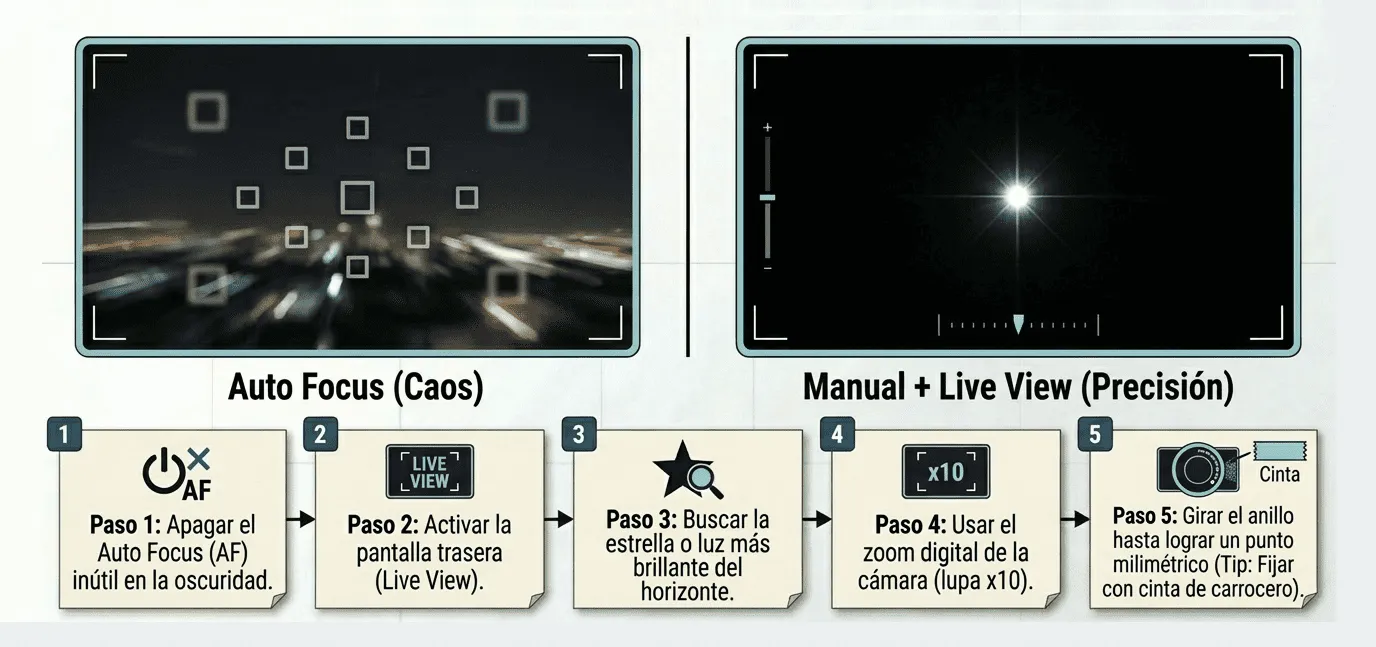 Guía de fotografía nocturna para principiantes: Configura tu cámara y captura estrellas perfectas 3 enfocar estrellas