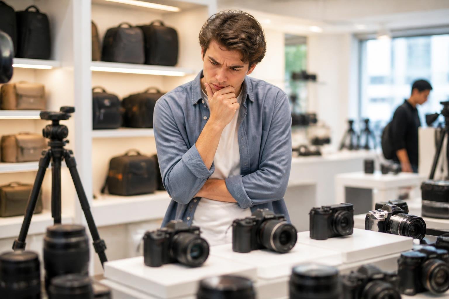 Hombre comparando cámaras en una tienda para elegir su primer equipo de fotografía básica.