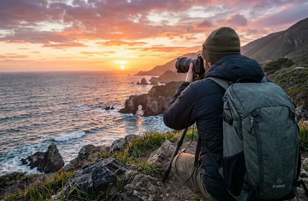 Fotógrafo capturando un atardecer costero con trípode para dominar el rango dinámico en fotografía básica.