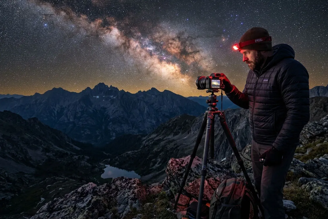 Larga exposición nocturna mostrando la Vía Láctea y un fotógrafo iluminado con luz roja, clave en fotografía básica nocturna.