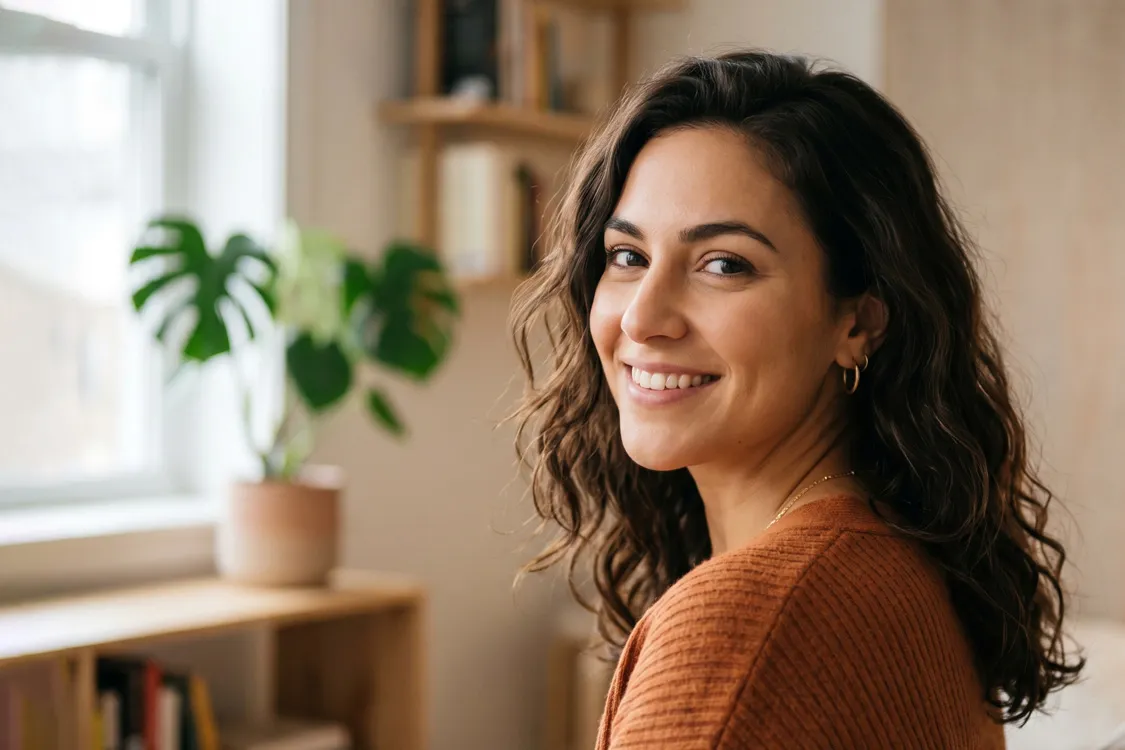 Retrato de mujer sonriendo, con fondo desenfocado iluminado por luz lateral natural para aprender fotografía básica.