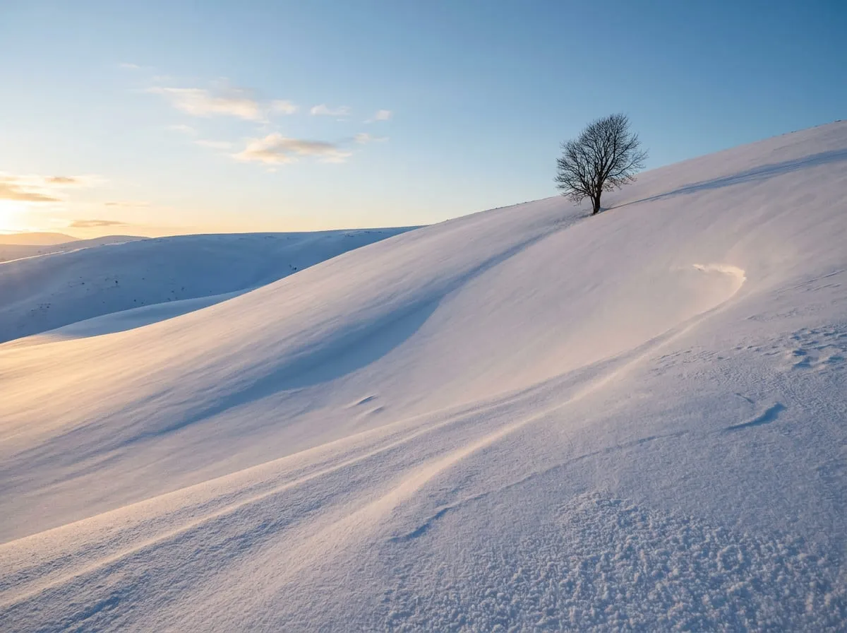 Árbol solitario en colina de nieve usando la regla de los tercios y luz dorada para lección de fotografía básica.