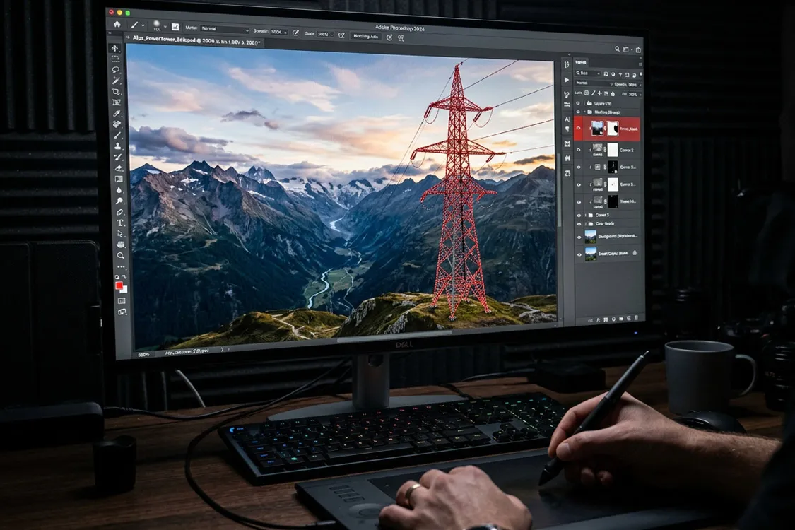 Monitor con capas de ajuste abiertas modificando un paisaje de montaña en fotografía básica y edición.